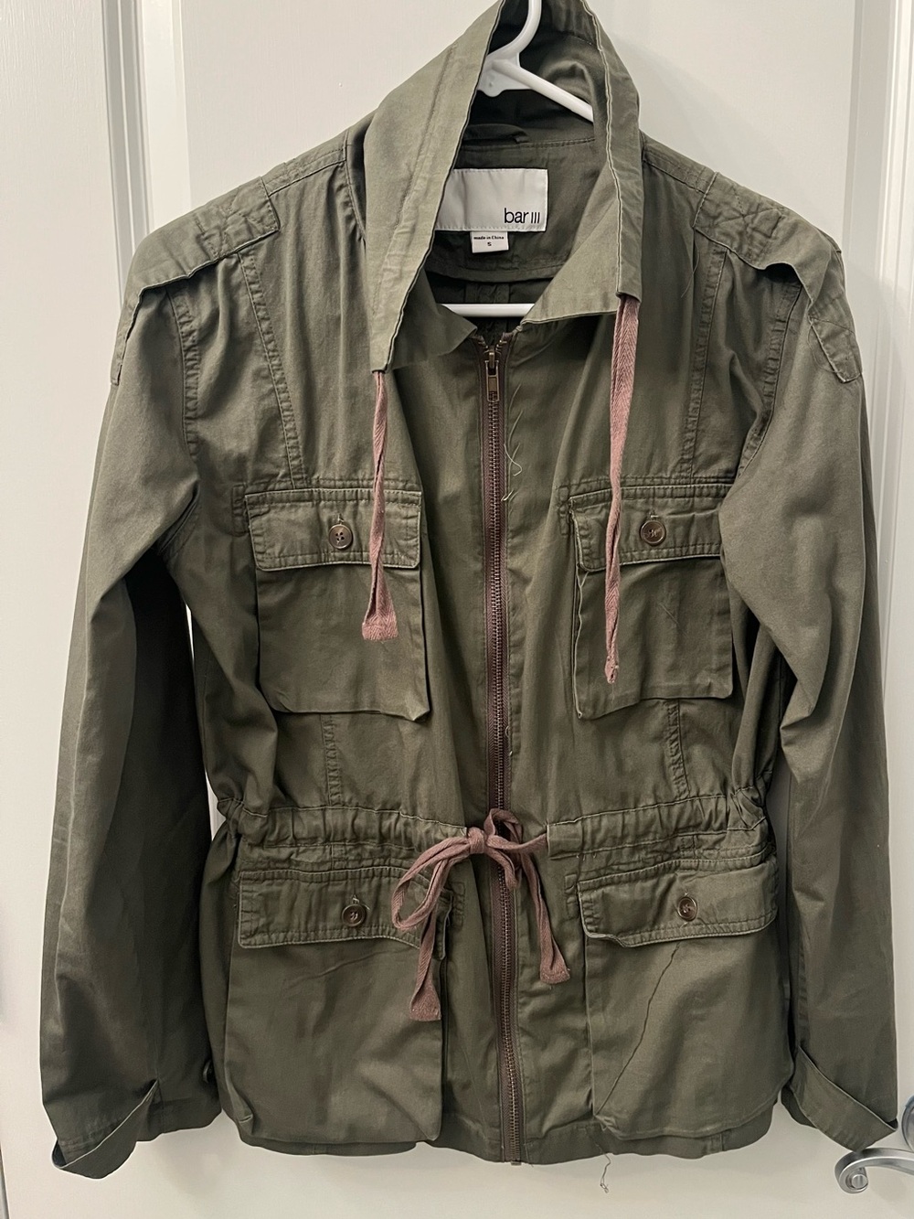 Bar III Olive Green Utility Jacket with Contrast Drawstrings